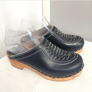 Scania Leather Clog Top Weave Wood Sole Slip On Mule Sweden